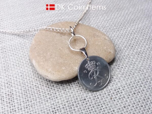 Denmark 1970 R-initial coin necklace with 54 year old 2 ore as coin pendant on silver plated snap lock and rings