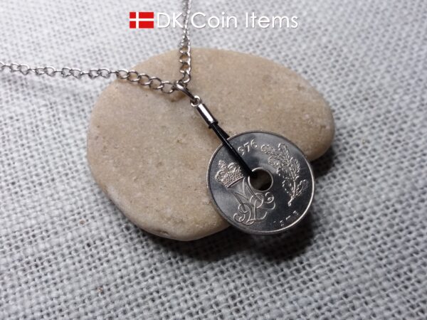 Denmark 1976 M-initial coin necklace with 48 year old 25 ore as coin pendant on black cowhide leather string