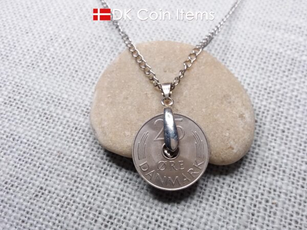 Denmark 1976 M-initial coin necklace with 48 year old 25 ore as coin pendant on pinch bail with snap lock