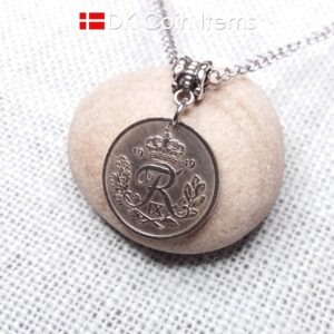 Denmark 1949 R-initial coin necklace with 75 year old vintage 25 ore as coin pendant on bail. Cord/Chain options