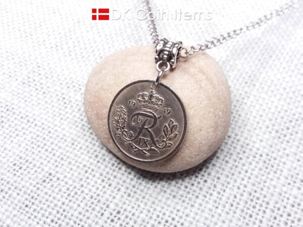 Denmark 1949 R-initial coin necklace with 75 year old vintage 25 ore as coin pendant on bail. Cord/Chain options