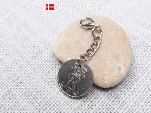 Denmark 1961 R-initial coin charm with 63 year old 25 ore as coin pendant on chain and 18mm lobster claw clasp