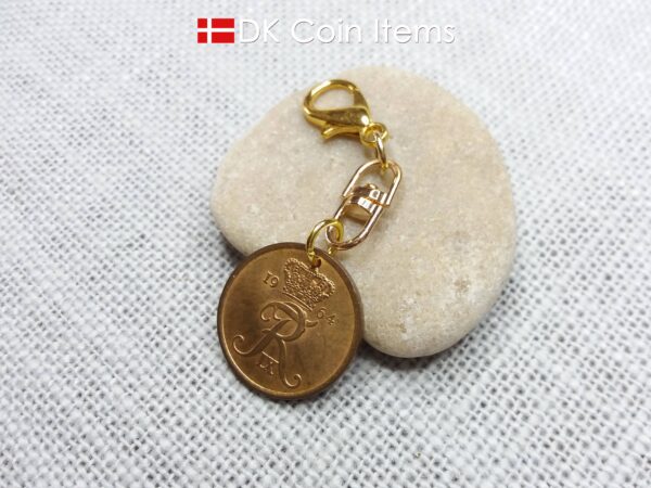 Denmark 1964 R-initial coin charm with 60 year old vintage 5 ore coin pendant on swivel and lobster claw clasp. 60th birthday gift