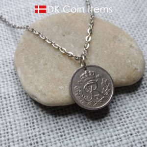 Denmark 1948 R-initial coin pendant necklace with 76 year old vintage 10 ore. 76th birthday gift. 10th anniversary gift. Cord/Chain options