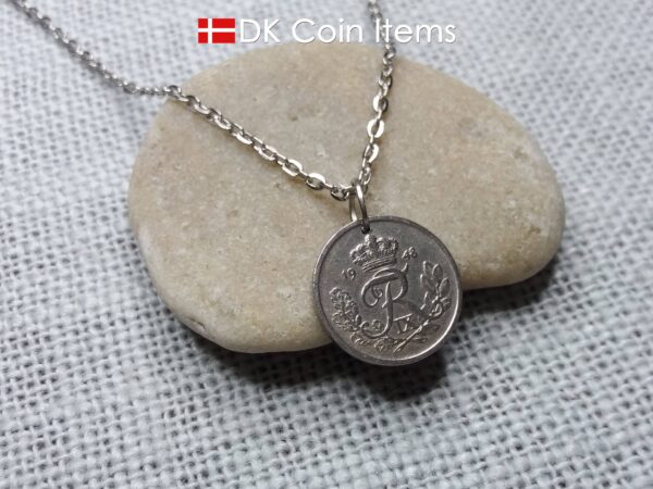 Denmark 1948 R-initial coin pendant necklace with 76 year old vintage 10 ore. 76th birthday gift. 10th anniversary gift. Cord/Chain options