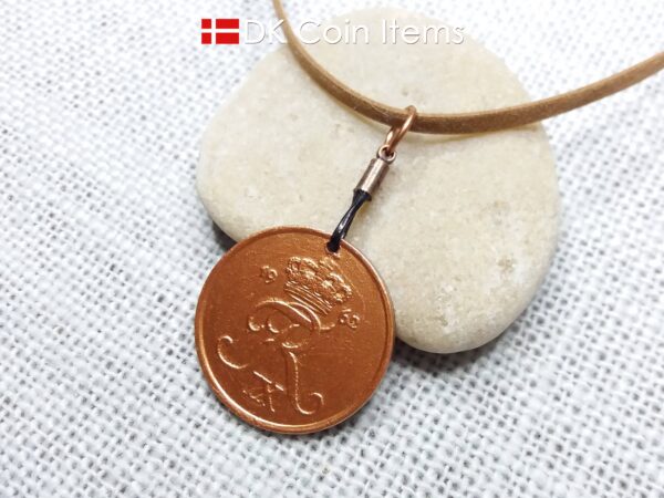 Denmark 1962 R-initial coin necklace - 62 year old copper painted vintage 5 ore coin pendant - 62nd birthday gift - Cord/chain options