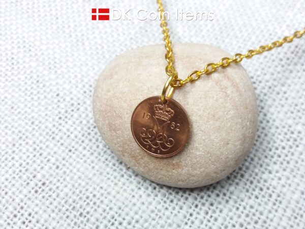 Denmark 1982 M-initial coin pendant necklace with 42 year old vintage copper 5 ore. 42nd birthday gift. 5th anniversary. Danish souvenir