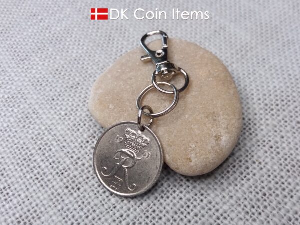 Denmark 1961 R-initial coin charm with 63 year old 25 ore as coin pendant on infinity ring and trigger clip