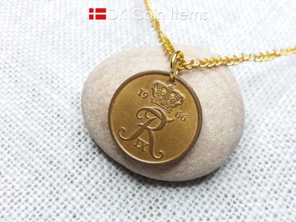 Denmark 1966 R-initial coin pendant necklace with 58 year old vintage 5 ore. 58th birthday gift. 5th anniversary gift. Danish souvenir