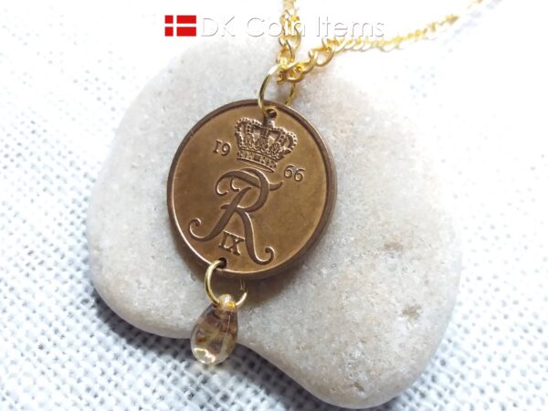 Denmark 1966 R-initial coin necklace - 58 year old vintage 5 ore with bead. 58th birthday gift. 5th anniversary gift. Danish souvenir