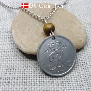 Denmark 1959 coin necklace - Crowned letter R initial on 65 year old 5 ore - 65th birthday gift - Danish souvenir - Cord/chain options