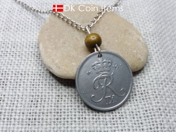 Denmark 1959 coin necklace - Crowned letter R initial on 65 year old 5 ore - 65th birthday gift - Danish souvenir - Cord/chain options