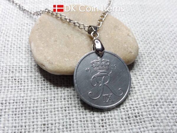 Denmark 1959 coin necklace - Letter R initial on 65 year old 5 ore - 65th birthday gift - Danish souvenir - Cord/chain options