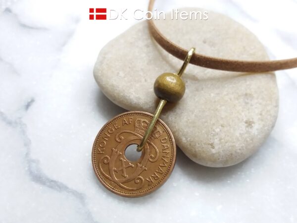 Denmark 1938 coin necklace - Crowned letter C initial on 86 year old 2 ore - Antique Danish souvenir - 86th birthday gift. Cord/chain option