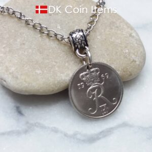 Denmark 1969 coin necklace - Crowned Letter R initial on 55 year old 10 ore - 55th birthday gift - Danish souvenir - Cord/chain options