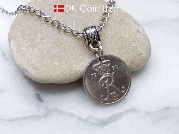 Denmark 1969 coin necklace - Crowned Letter R initial on 55 year old 10 ore - 55th birthday gift - Danish souvenir - Cord/chain options