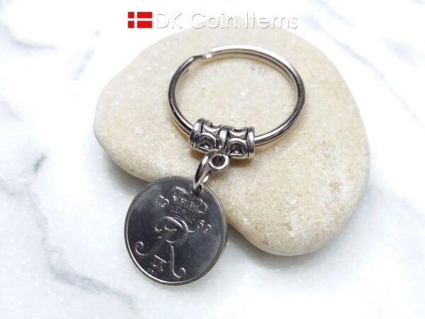 Denmark 1969 coin keychain - Crowned Letter R initial on 55 year old 10 ore - 55th birthday gift - 10th anniversary gift - Danish souvenir