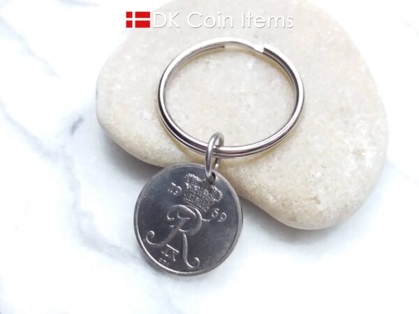 Denmark 1969 coin keychain - 55 year old Letter R initial 10 ore on 25mm keyring - 55th birthday gift - 10th anniversary - Danish souvenir