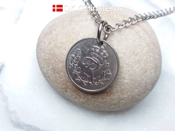 Denmark 1954 coin necklace - 70 year old Crowned Letter R initial 10 ore - 70th birthday gift - Danish souvenir - Cord/chain options