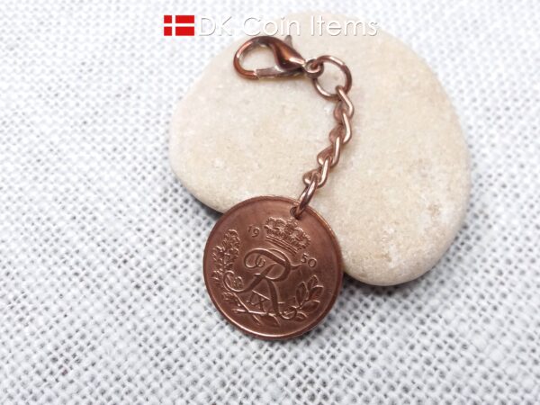 Denmark 1950 R-initial coin pendant charm with 74 year old decoratively copper plated 25 ore and chain plus 18mm lobster claw clasp