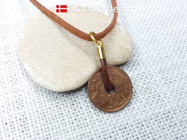 Denmark 1931 coin necklace - Crowned letter C initial on 93 year old 2 ore - Antique Danish souvenir - 93rd birthday gift. Cord/chain option