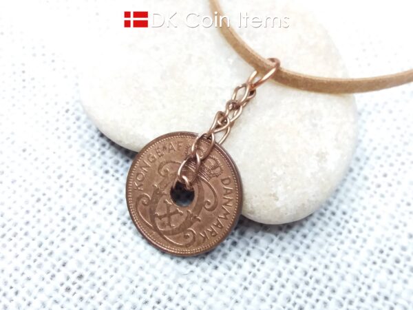 Denmark 1937 coin necklace - Crowned letter C initial on 87 year old 2 ore - Antique Danish souvenir - 87th birthday gift. Cord/chain option