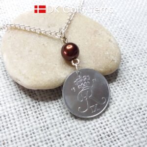 Denmark 1971 coin necklace - 53 year old Crowned Letter R initial 2 ore - 53rd birthday gift - Danish souvenir - Cord/chain options