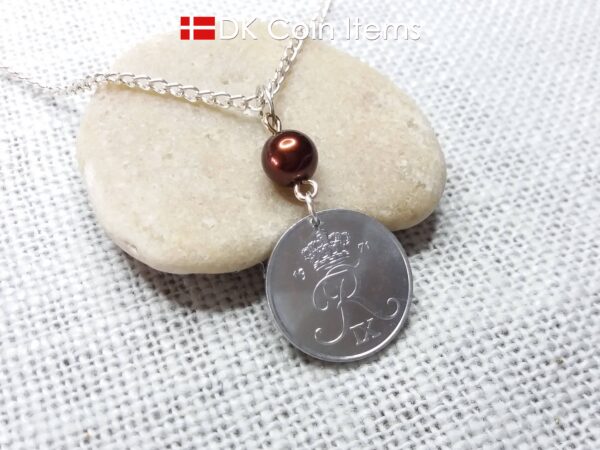 Denmark 1971 coin necklace - 53 year old Crowned Letter R initial 2 ore - 53rd birthday gift - Danish souvenir - Cord/chain options