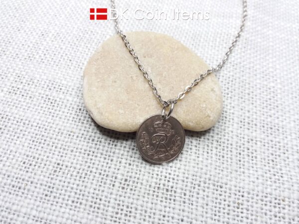 Denmark 1950 coin pendant necklace - 74 year old Crowned Letter R initial 10 ore - 74th birthday gift - Danish souvenir - Cord/chain options