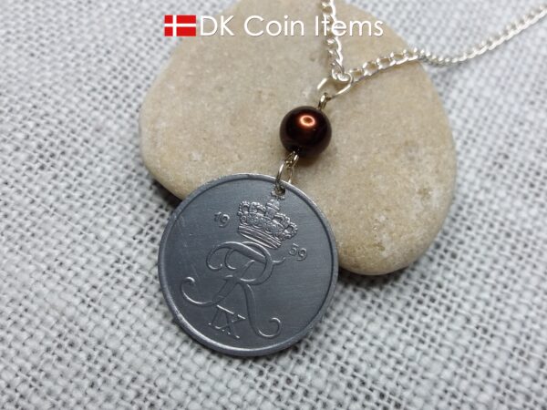 Denmark 1959 coin necklace - 65 year old 5 ore - Crowned Letter R initial - 65th birthday gift - Danish souvenir - Cord/chain options