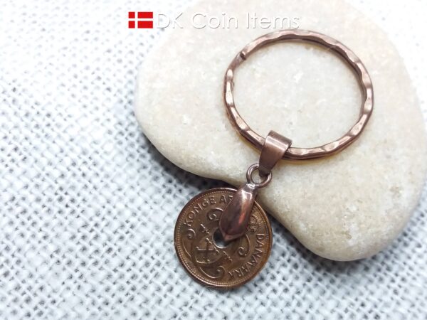 Denmark 1937 coin keychain - 87 year old crowned letter C initial vintage copper 1 ore coin pendant - 87th birthday gift - Antique souvenir