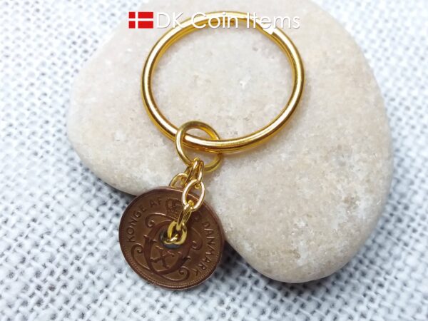 Denmark 1937 coin keychain - Letter C initial on 87 year old copper 1 ore vintage coin pendant - 87th birthday gift - Danish souvenir