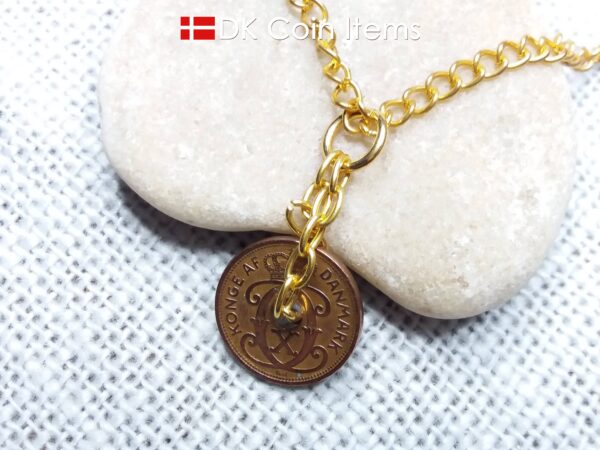 Denmark 1937 coin necklace - Crowned letter C initial on 87 year old 1 ore - Antique Danish souvenir - 87th birthday gift. Cord/chain option