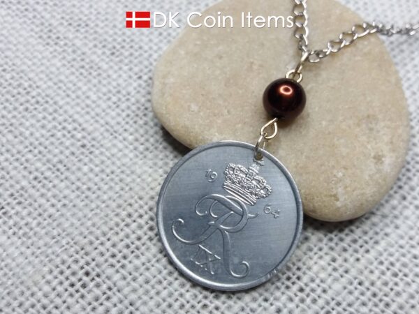 Denmark 1964 coin necklace - 60 year old 5 ore - Crowned Letter R initial - 60th birthday gift - Danish souvenir - Cord/chain options