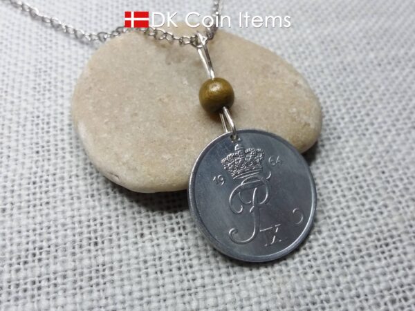 Denmark 1964 coin necklace - 60 year old 5 ore with Crowned Letter R initial - 60th birthday gift - Danish souvenir - Cord/chain options