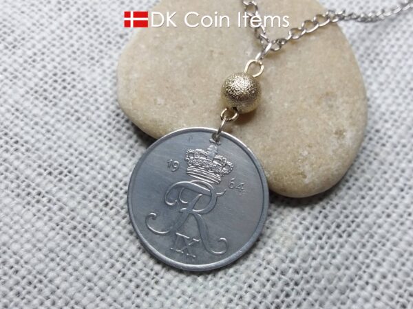 Denmark 1964 coin necklace - 60 year old 5 ore - 60th birthday gift - Crowned Letter R initial - Danish souvenir - Cord/chain options