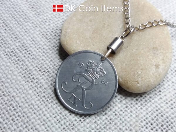 Denmark 1964 coin necklace - 60 year old Letter R initial 5 ore - 60th birthday gift - Danish souvenir - Cord/chain options