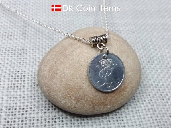 Denmark 1970 coin necklace with chain - 54 year old vintage 1 ore (16mm) as coin pendant - 54th birthday gift - Danish souvenir