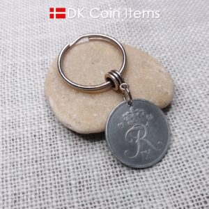 Denmark 1963 R-initial coin keychain with 61 year old 5 ore as coin pendant on bail and 30mm keyring