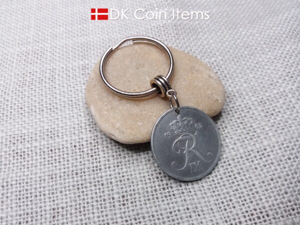 Denmark 1963 R-initial coin keychain with 61 year old 5 ore as coin pendant on bail and 30mm keyring