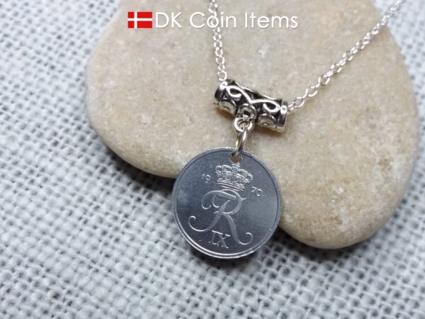 Denmark 1970 coin necklace (incl. chain) - 54 year old vintage 1 ore (16mm) as coin pendant - 54th birthday gift - Danish souvenir