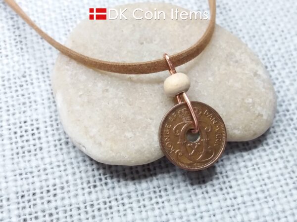 Denmark 1934 coin necklace - 90 year old crowned letter C initial 1 ore - 90th birthday gift - Antique Danish souvenir - Cord/chain option