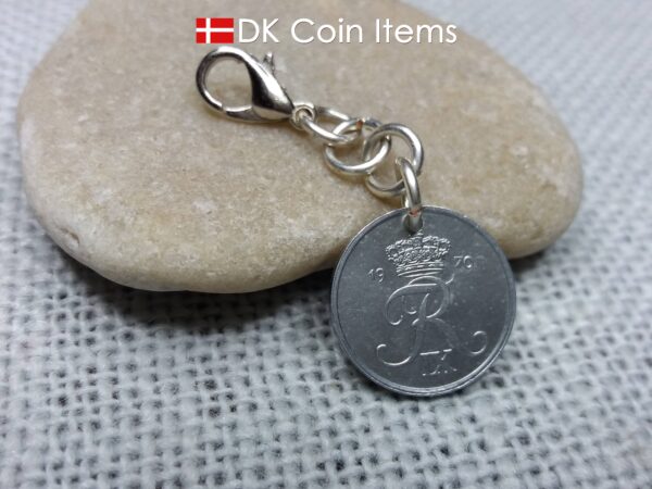 Denmark 1970 coin charm - 54 year old 1 ore (16mm) with crowned letter R initial as coin pendant - 54th birthday gift - Danish souvenir