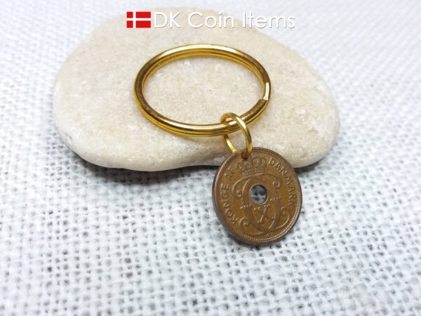 Denmark 1934 coin keychain - 90 year old crowned letter C initial 1 ore as coin pendant - 90th birthday gift - Antique Danish souvenir