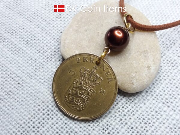 Denmark 1958 coin necklace - 66 year old golden vintage 2 kroner as coin pendant - 66th birthday gift - Cord/Chain options