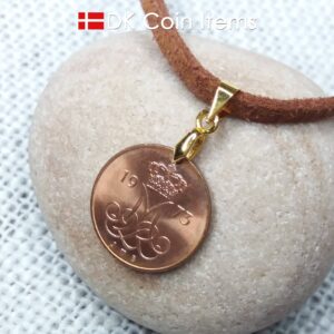 Denmark 1973 coin necklace. 51 year old M initial 5 ore coin pendant. 51st birthday gift. 5th anniversary gift. Danish vintage souvenir