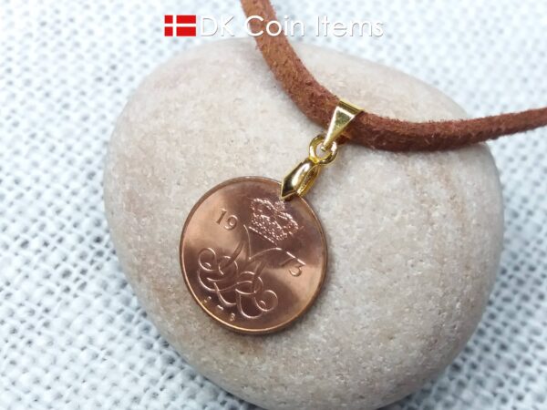 Denmark 1973 coin necklace. 51 year old M initial 5 ore coin pendant. 51st birthday gift. 5th anniversary gift. Danish vintage souvenir