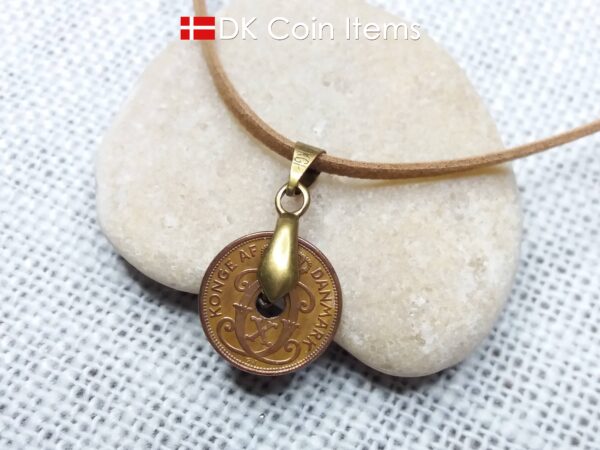 Denmark 1935 coin necklace. C initial. 89 years old 1 ore coin pendant.