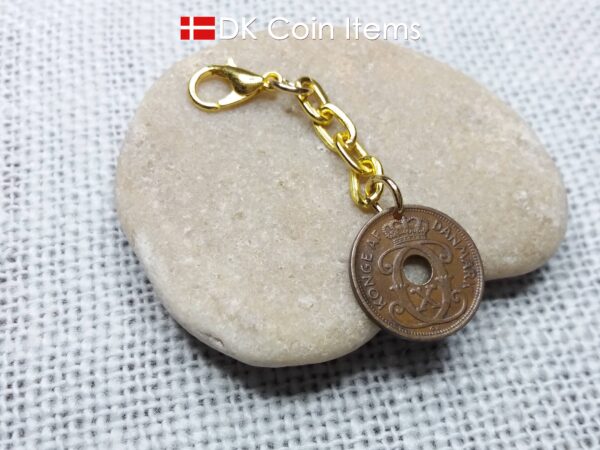 Denmark 1935 coin charm. C initial. 89 years old 1 ore coin pendant.