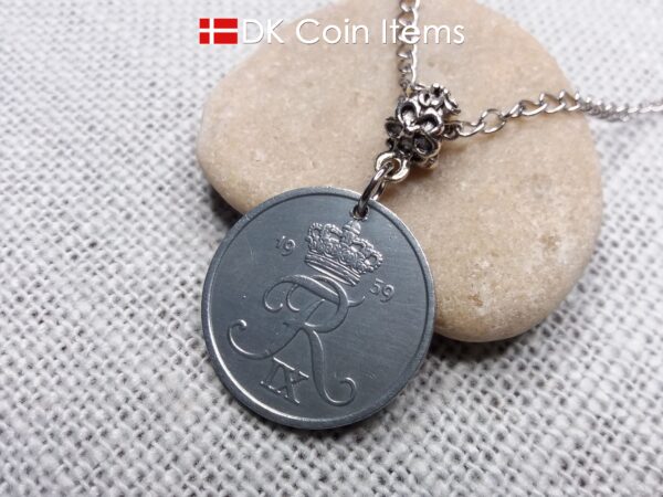 Denmark 1959 coin necklace - 65 year old 5 ore with letter R initial - 65th birthday gift - Danish souvenir - Cord/chain options